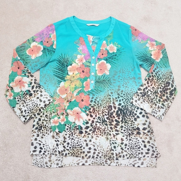 Soft Surroundings Tropical Floral Leopard Tunic Top Teal 3/4 Sleeve Size Medium - Picture 6 of 10